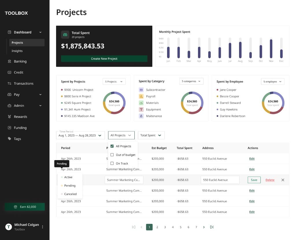Toolbox Projects with filters and project table